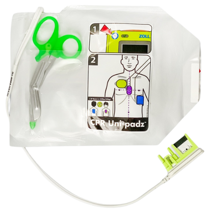 CPR Uni-padz defibrillator electrode pads with green scissors and instructional card 