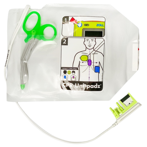 CPR Uni-padz defibrillator electrode pads with green scissors and instructional card 