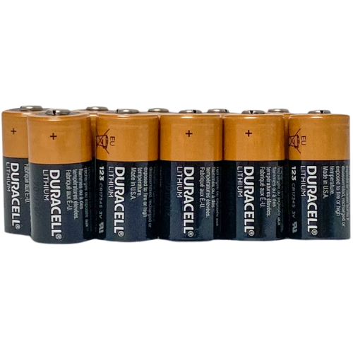 Row of Duracell lithium batteries on a white background