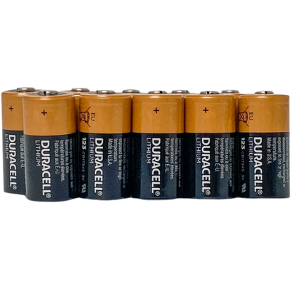 Row of Duracell lithium batteries on a white background