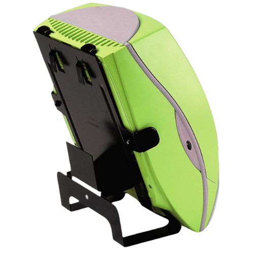 Green and black electronic device on a white background