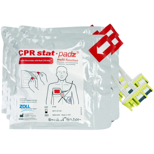 CPR stat padz packaging with electrodes on a white background